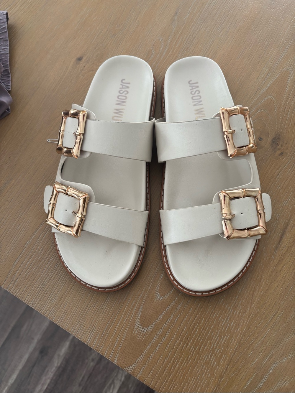 Jason Wu Cream Slide Sandals with Rose Gold Buckles